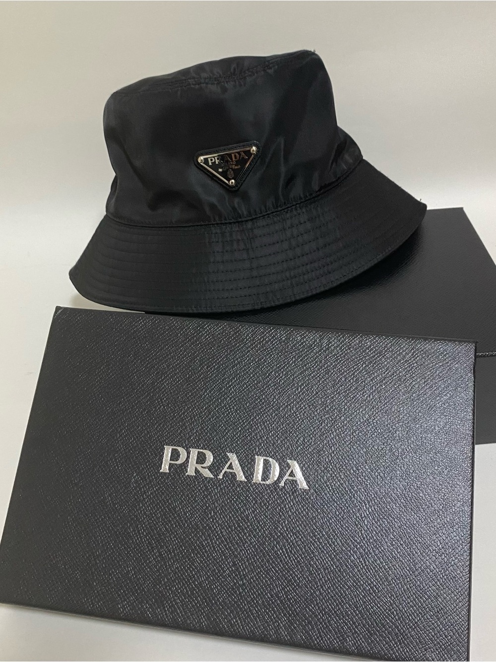 Prada Black Nylon Triangle Logo Bucket Hat